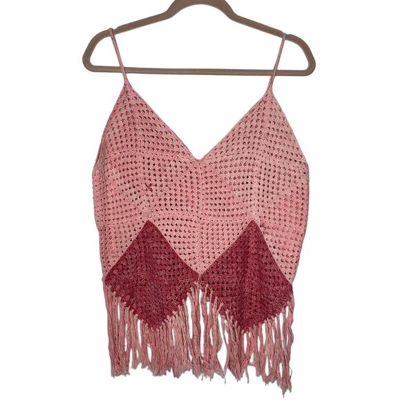 Handmade Pink Crochet Open Knit Fringe Hem Boho Festival Tank Top Size XS - Picture 1 of 5